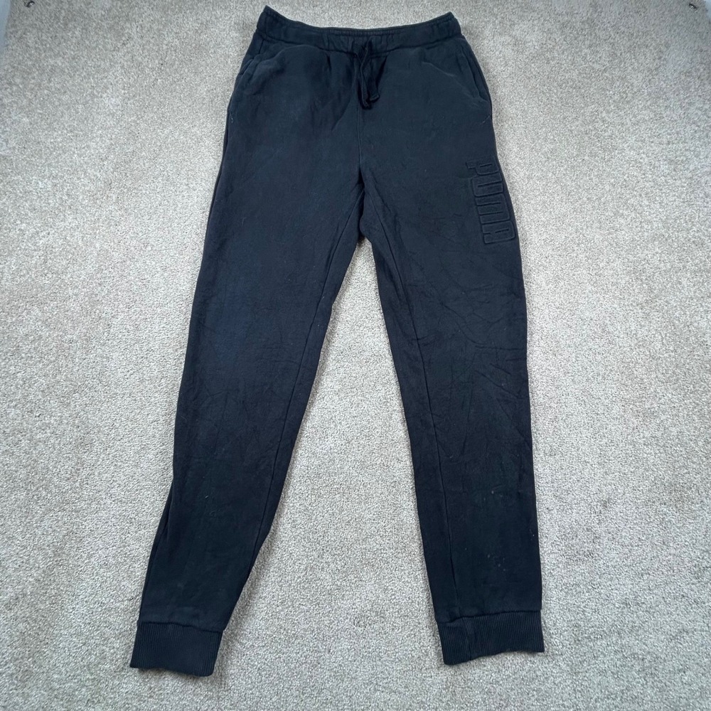 Puma Boys Black Fleece Joggers Sweatpants Embossed Logo Size L 14-14